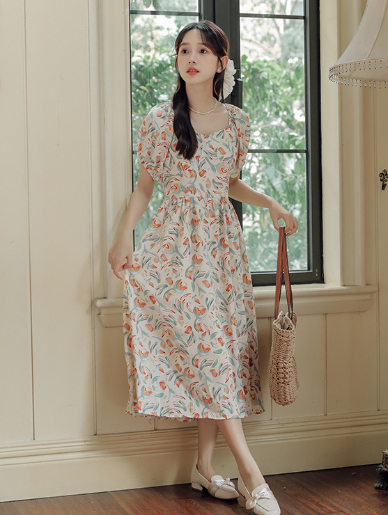 Tea Break French Square Collar Floral Puff Sleeve Dress Female Summer Small Back Cutout A- line Skirt 40