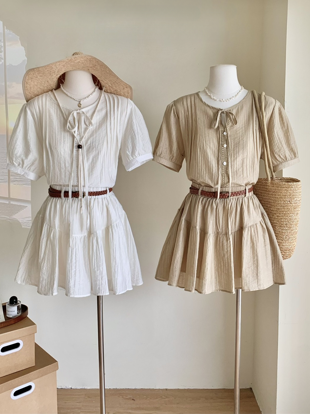 Casual Bow Tie Shirt & Skirt Combo  绑带衬衣+ 休闲短裙2件套*2Colors