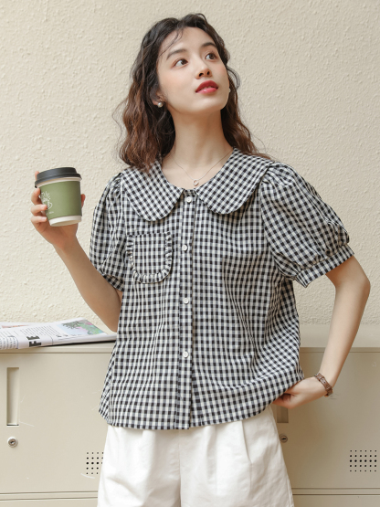 Vintage Plaid Doll Collar Shirt 复古娃娃领衬衫 