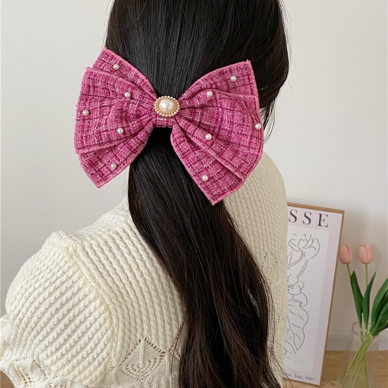  Thick Tweed Bow-Knot Hairpin 粗花呢珍珠三层蝴蝶结发夹*4色 