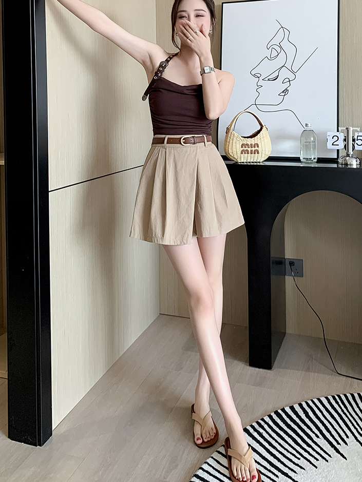 Real Shot Spot Casual Shorts Women 2024 Summer Workwear Short Culottes High Waist Loose Wide Leg Pants A- line Short Pantskirt