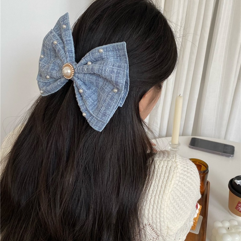  Thick Tweed Bow-Knot Hairpin 粗花呢珍珠三层蝴蝶结发夹*4色 