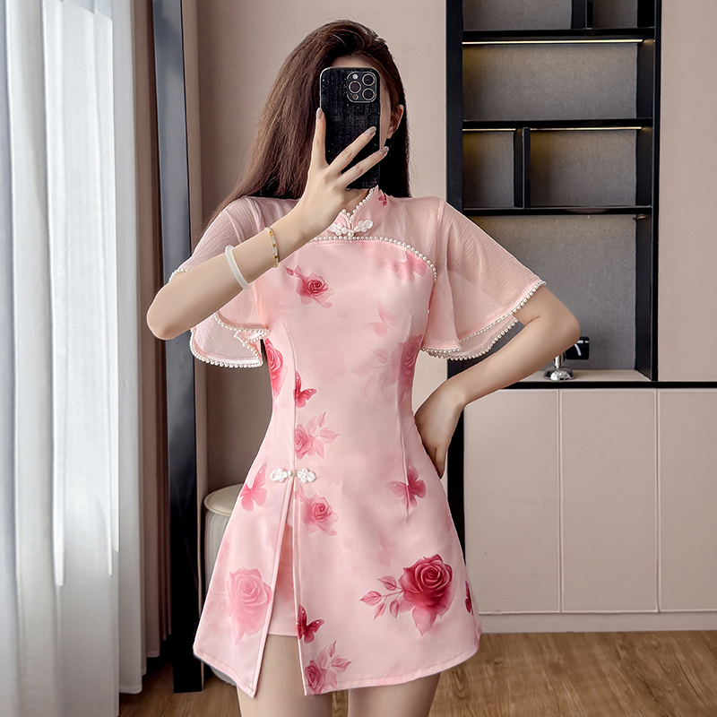 Real Shot New Elastic Improved Cheongsam New Gentle Youthful Style Elegant High-End Girl Petite Set