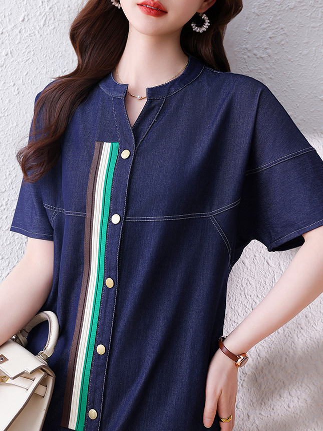 Real Shot Spot 2024 New Fashion V-neck Denim Dress Women's Summer Casual A- line Dress Cool Feeling Large-Sized Skirt