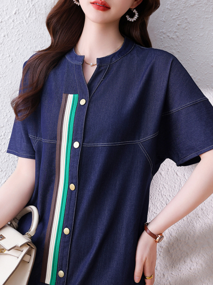 Real Shot Spot 2024 New Fashion V-neck Denim Dress Women's Summer Casual A- line Dress Cool Feeling Large-Sized Skirt