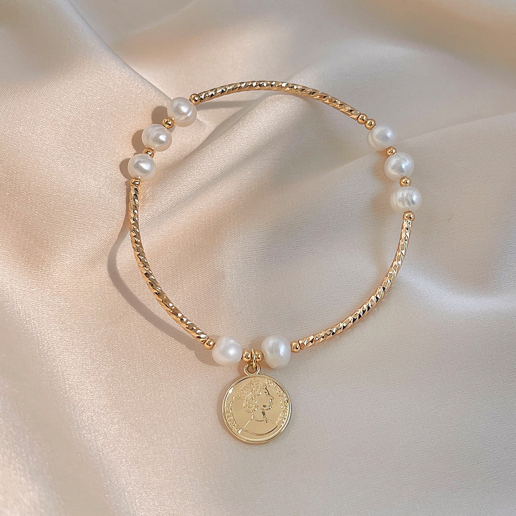 Light Luxury Freshwater Pearl Copper Plating 14K Gold Coin Bracelet Elastic Bracelet Internet Celebrity Ins Simple Jewelry Factory Supply