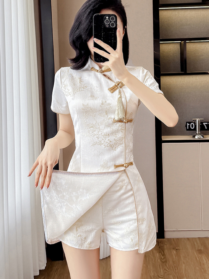 Real Shot Summer Fashion Improved Cheongsam Button New Chinese Style Jacquard Tassel Dress Shorts Two-Piece Set