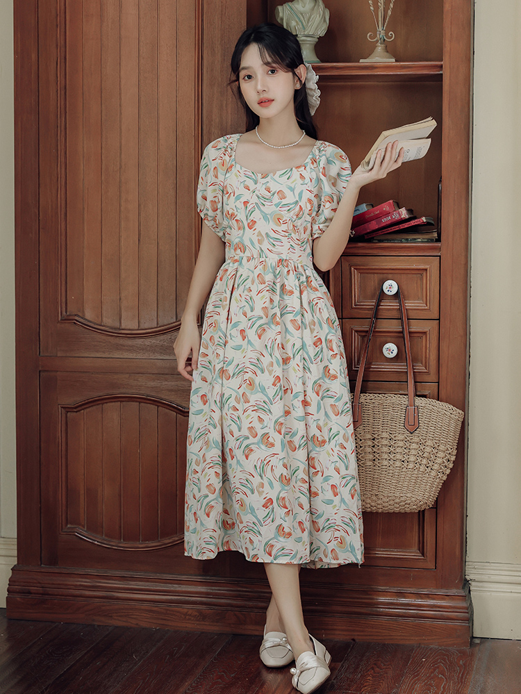 Tea Break French Square Collar Floral Puff Sleeve Dress Female Summer Small Back Cutout A- line Skirt 40