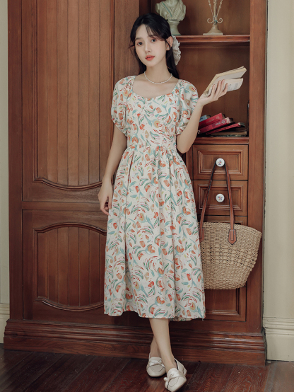 Tea Break French Square Collar Floral Puff Sleeve Dress Female Summer Small Back Cutout A- line Skirt 40