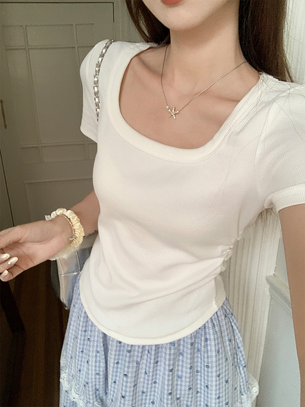 Taro Purple Pure Desire Ruched Square Neck Short Sleeve T-Shirt 方领抽褶短款T恤