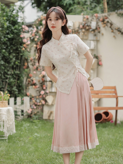 Chinese Style Pink Floral Stand Collar Shirt Tie Top Pink Bamboo Pattern Lace Half Skirt 粉色碎花衬衫+蕾丝半身裙两件套