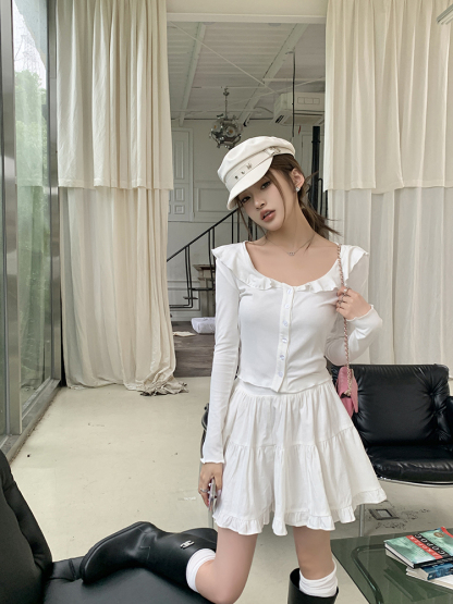 Ruffle Long Sleeve Tee 木耳边开衫长袖t恤*2 Colors