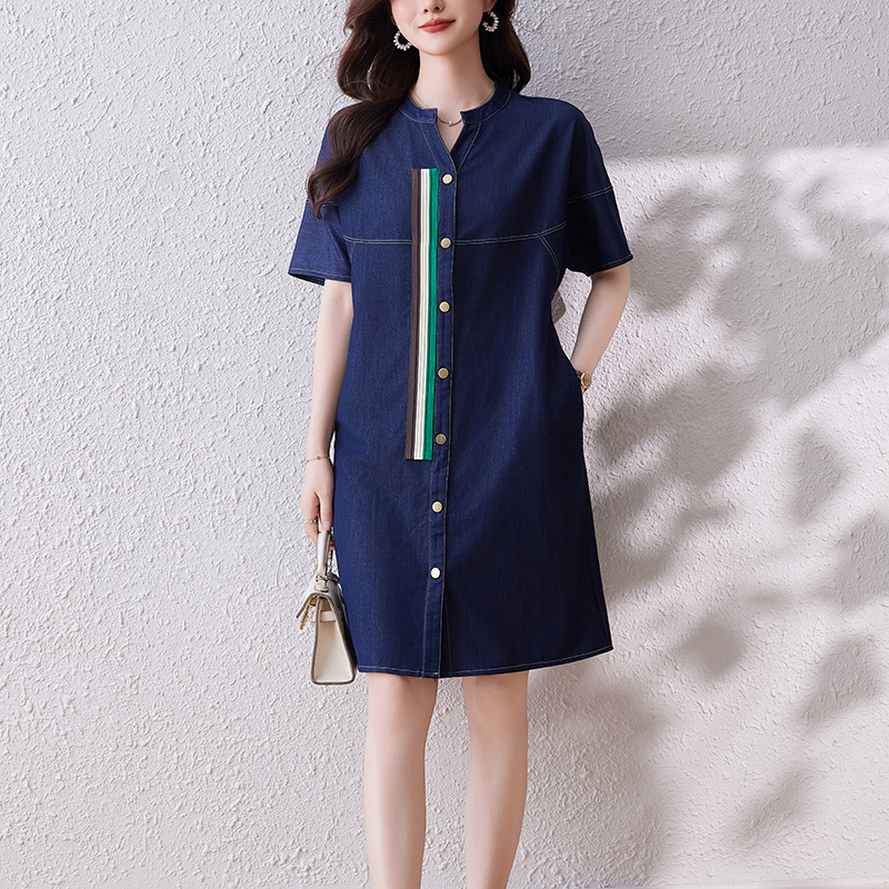 Real Shot Spot 2024 New Fashion V-neck Denim Dress Women's Summer Casual A- line Dress Cool Feeling Large-Sized Skirt