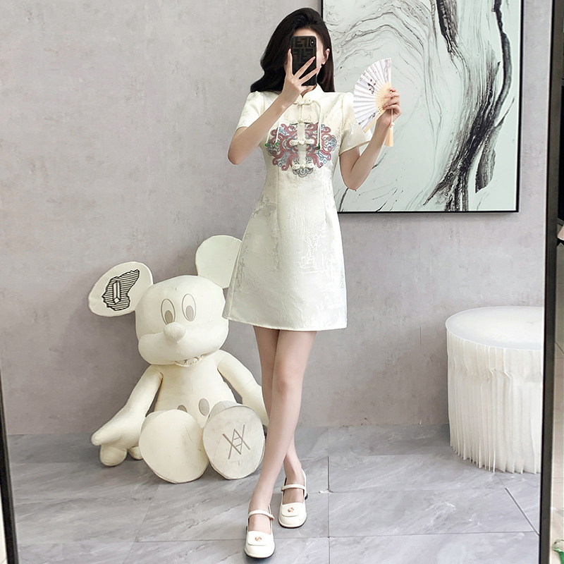 盘扣旗袍连衣裙 New Jacquard New Chinese Style Improved Elegant Fashion Buttoned Cheongsam Dress