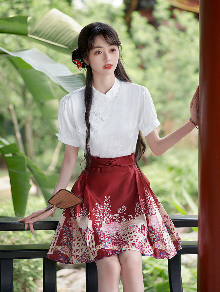 Real Shot Spot New Chinese Style Jacquard Shirt Short Horse-Face Skirt Improved Hanfu Pleated Skirt Two-Piece Suit