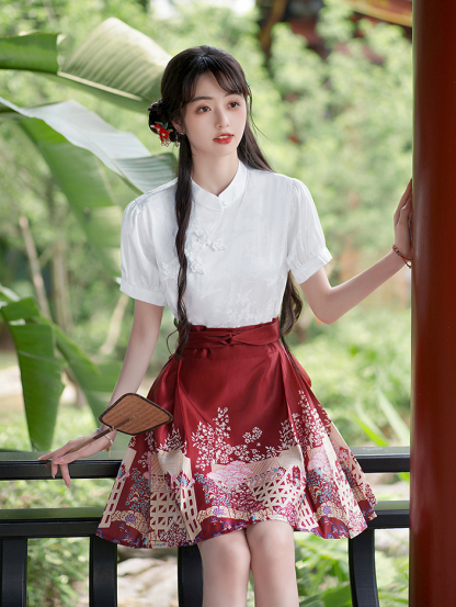 Real Shot Spot New Chinese Style Jacquard Shirt Short Horse-Face Skirt Improved Hanfu Pleated Skirt Two-Piece Suit