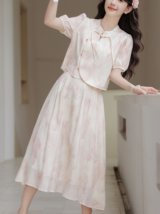 Pink Jade New Chinese Style Suit 2024 Summer New National Style Buckle Shirt A- line Skirt 40 in Stock
