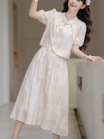 Pink Jade New Chinese Style Suit 2024 Summer New National Style Buckle Shirt A- line Skirt 40 in Stock