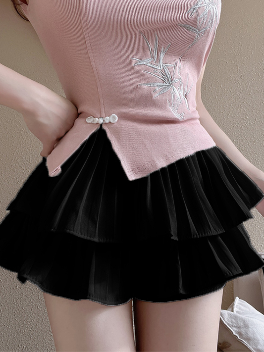 New Chinese Style Embroidered National Style Button Top Design Slimming Pleated Skirt Age-Reducing Workwear Two-Piece Set