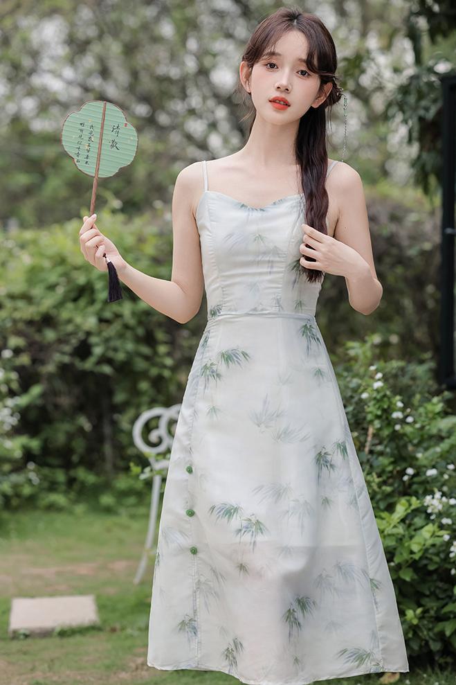 Green Bamboo Floral Two-Piece Set 青竹花语吊带裙罩衫两件套