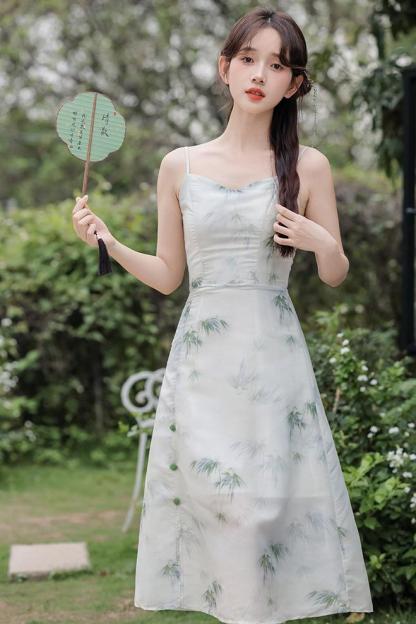 Green Bamboo Floral Two-Piece Set 青竹花语吊带裙罩衫两件套