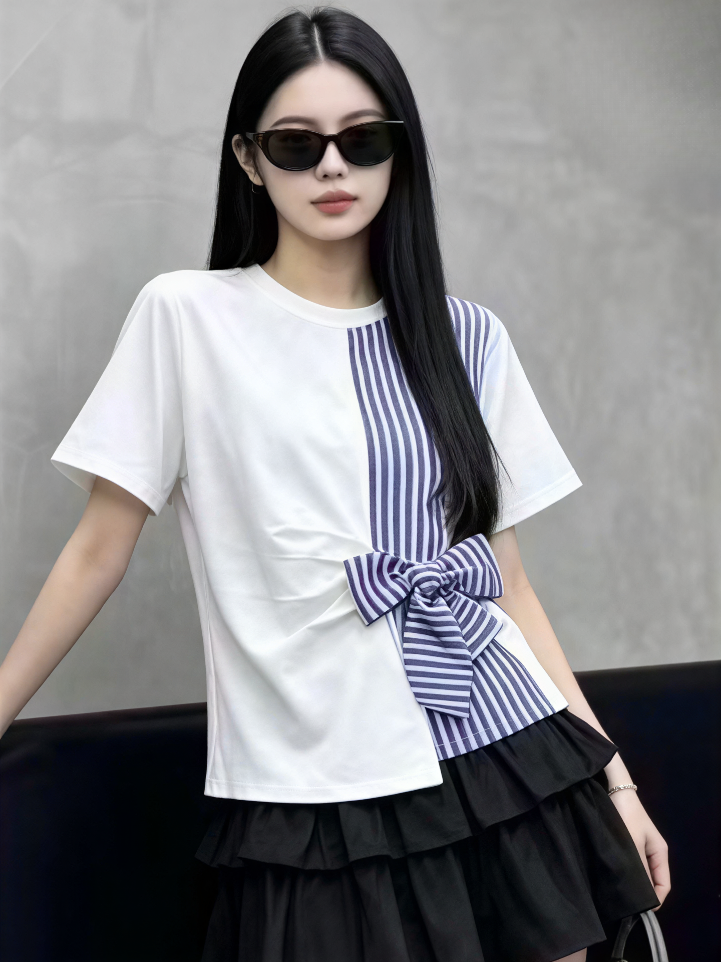 Blue Striped Bow Tie Waist Top蓝白条纹拼接蝴蝶结收腰上衣*5 Colors
