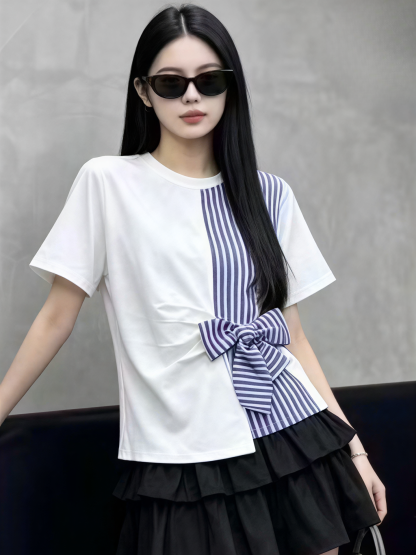 Blue Striped Bow Tie Waist Top蓝白条纹拼接蝴蝶结收腰上衣*5 Colors
