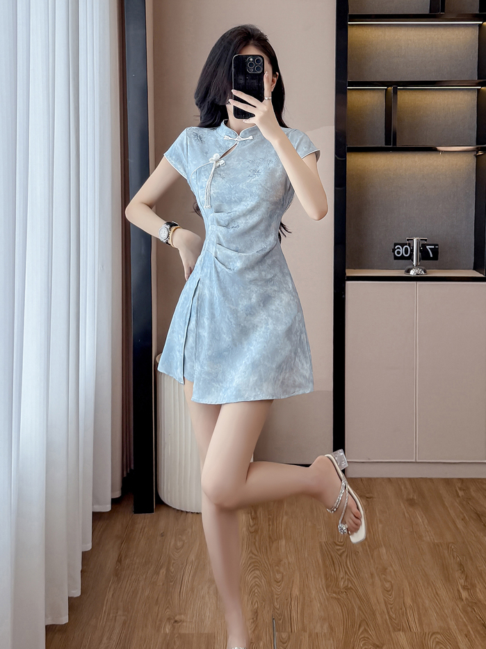 Real Shot New Chinese Style Improved Cheongsam Jacquard Slightly Elastic Dress Shorts Two-piece Set