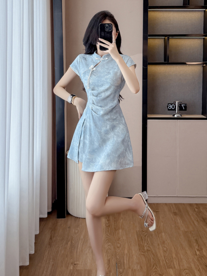 Real Shot New Chinese Style Improved Cheongsam Jacquard Slightly Elastic Dress Shorts Two-piece Set