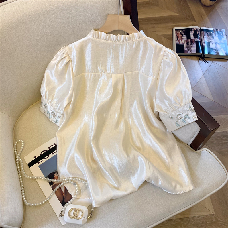 Real Shot Advanced Stringy Selvedge Stand Collar Embroidery Tencel Shirt Women's New Chinese National Style Chinese Knot Button Top with Horse-Face Skirt Shirt