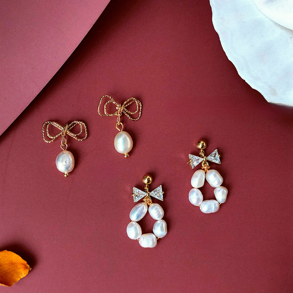 Bright Eyes 925 Silver Needle Plated 14K Real Gold Natural Freshwater Pearl Element Handmade Earrings Female Bow Zircon Earrings