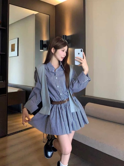 Classic Plaid Shirt Midi Dress 百搭显瘦收腰格子衬衫连身裙~ 配腰带披肩*3 Colors