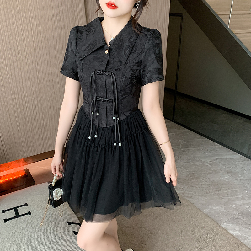 盘扣旗袍连衣裙 Jacquard Patchwork Pearl New Chinese Style Improved Cheongsam Fashion Mesh Puffy Dress