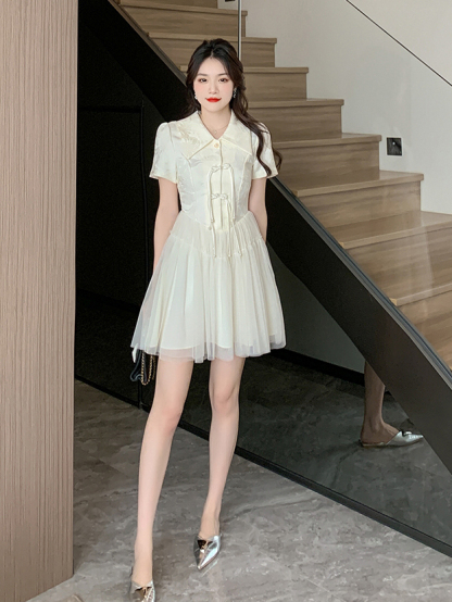 盘扣旗袍连衣裙 Jacquard Patchwork Pearl New Chinese Style Improved Cheongsam Fashion Mesh Puffy Dress