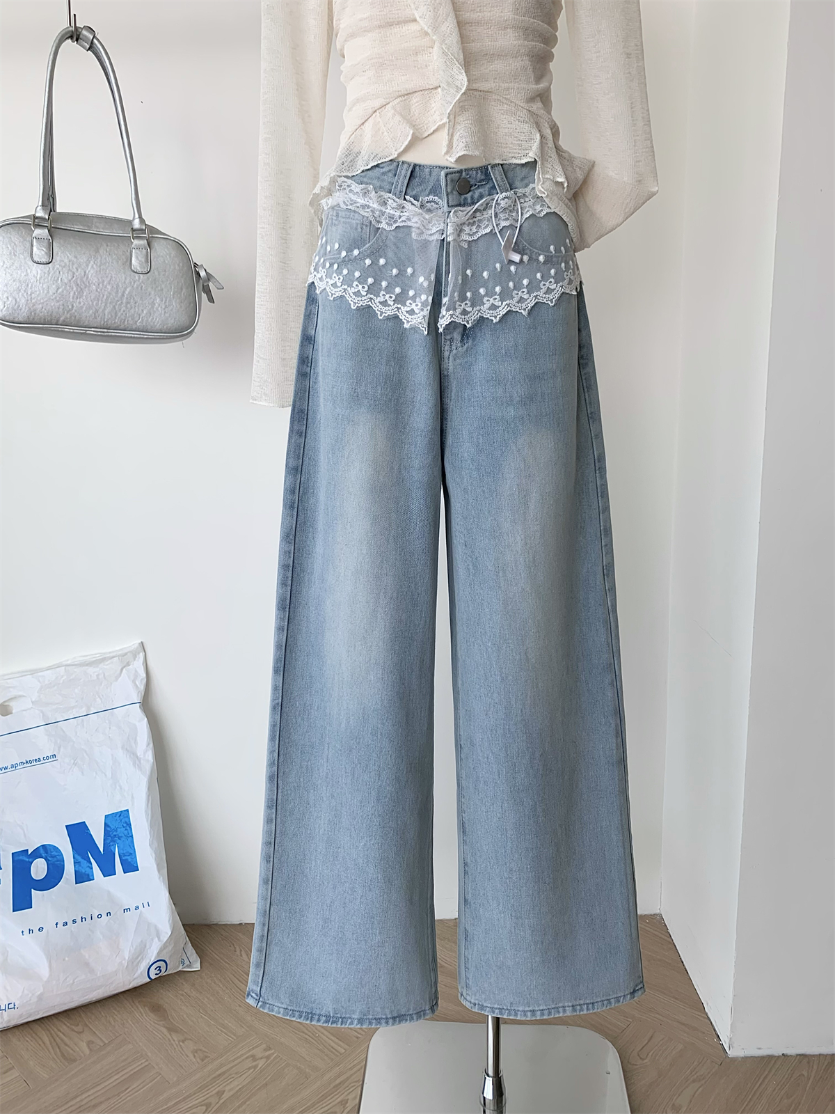Korean Style Fresh Casual Lace Patchwork Washed Straight Jeans Women's Spring Summer Versatile High Waist Slimming Long Pants