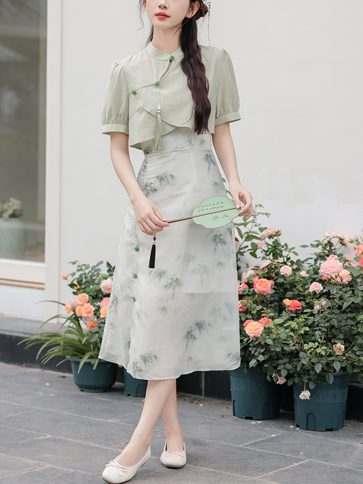 Green Bamboo Floral Two-Piece Set 青竹花语吊带裙罩衫两件套