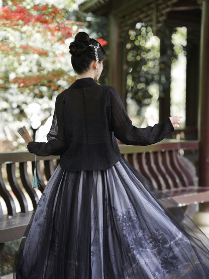 Elegant Inked Maxi Dress & Long Sleeve Blouse Set 水墨印花大摆连衣裙+长袖小衫两件套