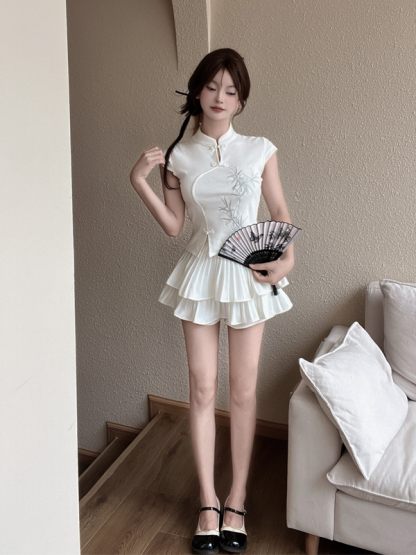 New Chinese Style Embroidered National Style Button Top Design Slimming Pleated Skirt Age-Reducing Workwear Two-Piece Set