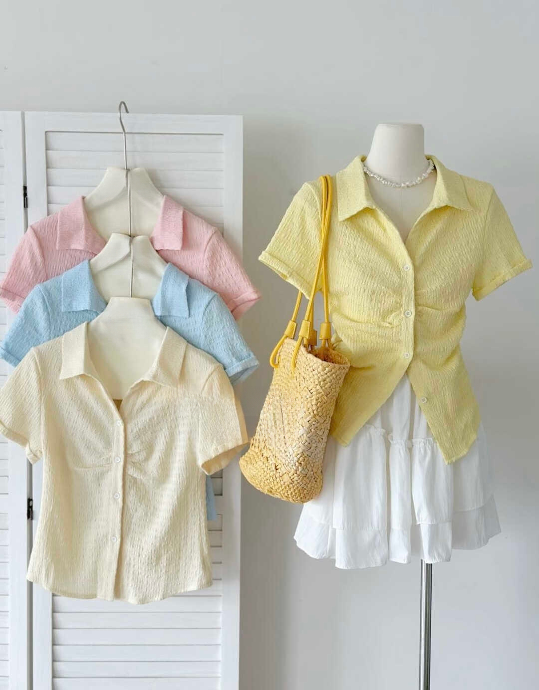 RINA Sweet Ruched Blouse 甜美褶皱短袖衬衫*4 Colors
