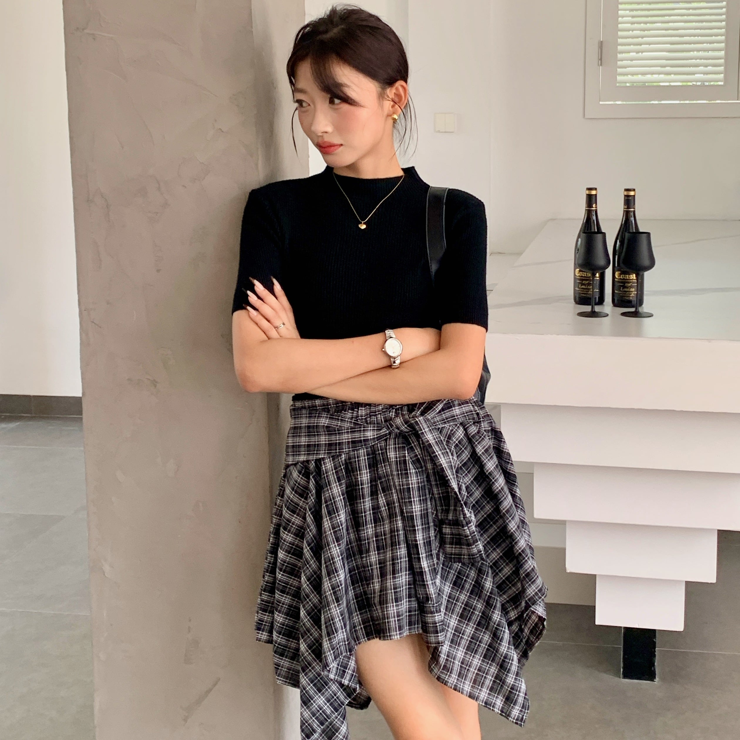 Plaid Ribbon-Tie Asymmetrical Skirt 不规则绑带格纹短裙*4 Colors