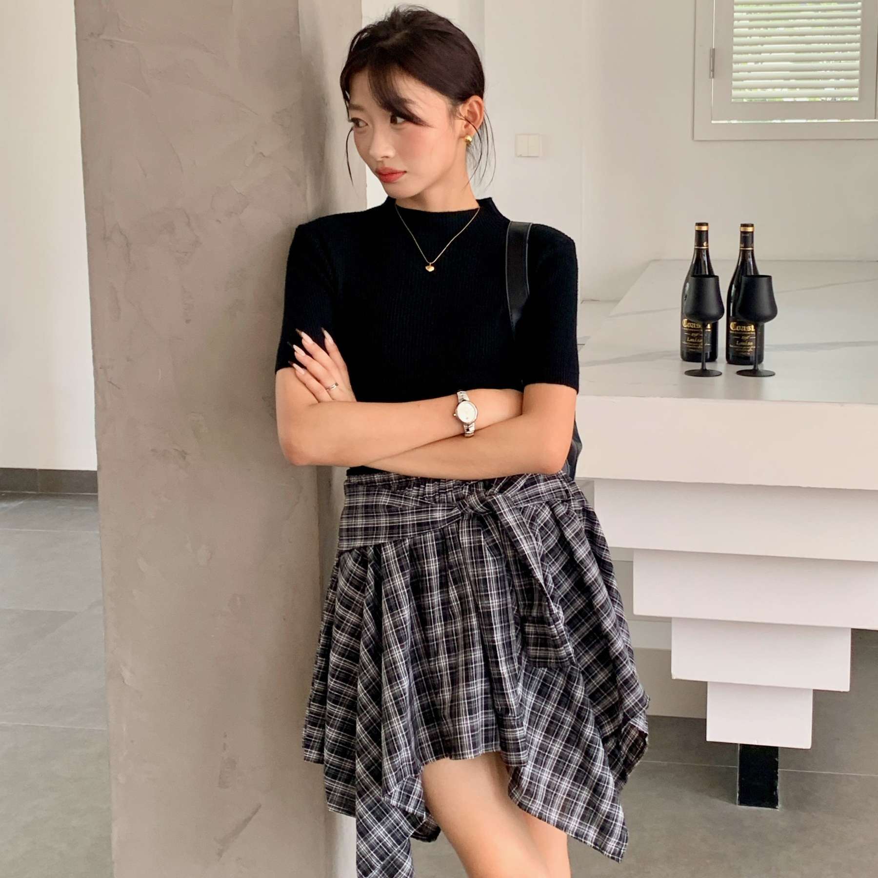 Plaid Ribbon-Tie Asymmetrical Skirt 不规则绑带格纹短裙*4 Colors