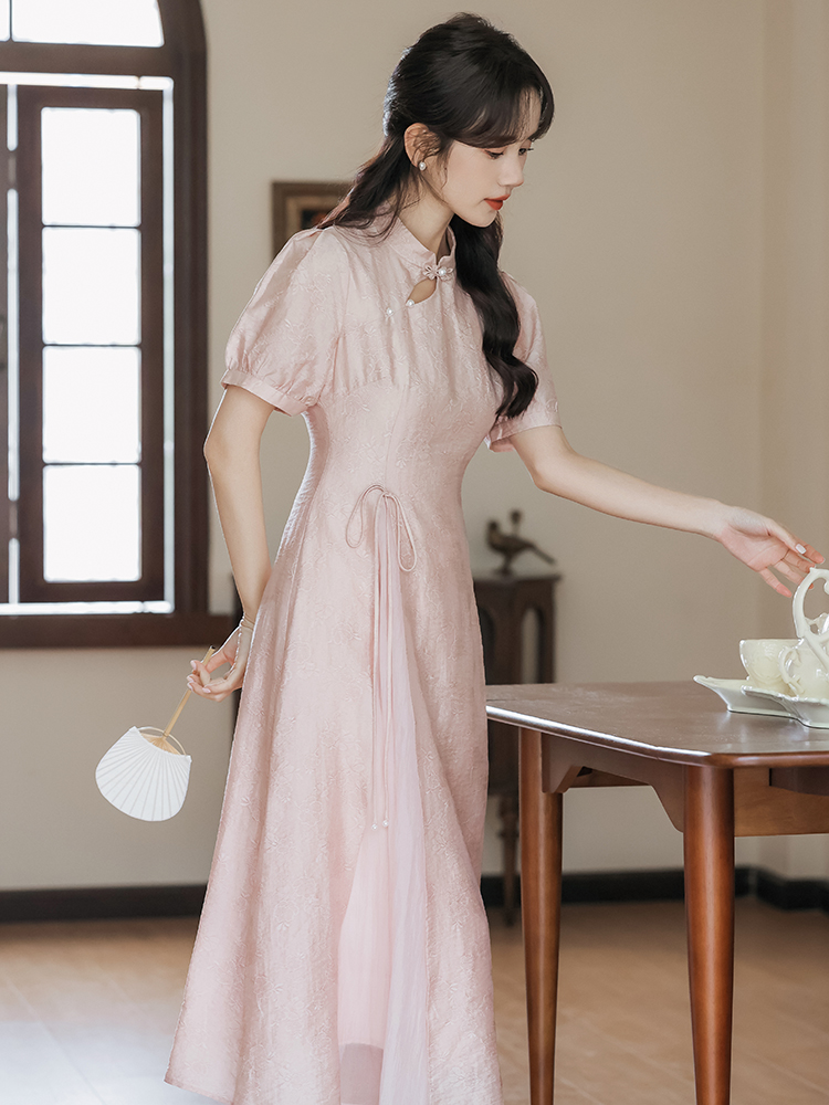 Pink Luster Dress 粉贝柔光中式连身裙