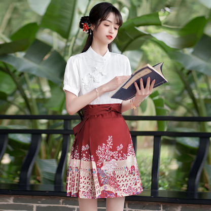 Real Shot Spot New Chinese Style Jacquard Shirt Short Horse-Face Skirt Improved Hanfu Pleated Skirt Two-Piece Suit