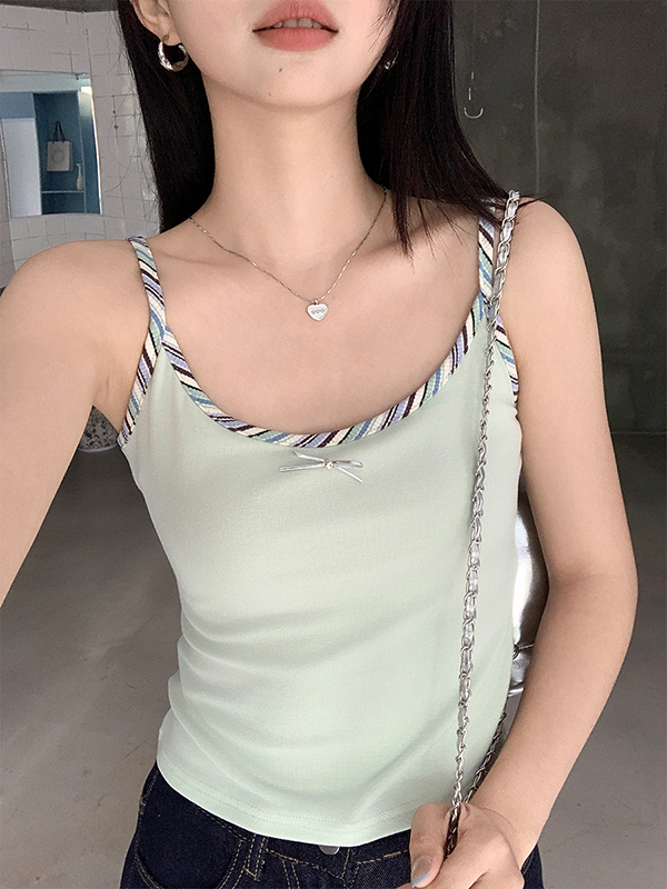 Real Shot Real Price 2025 Summer New Dopamine Mint Green Top for Women with Bowknot Patchwork Camisole T-Shirt