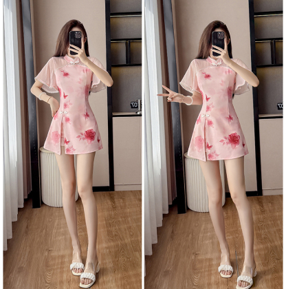 Real Shot New Elastic Improved Cheongsam New Gentle Youthful Style Elegant High-End Girl Petite Set