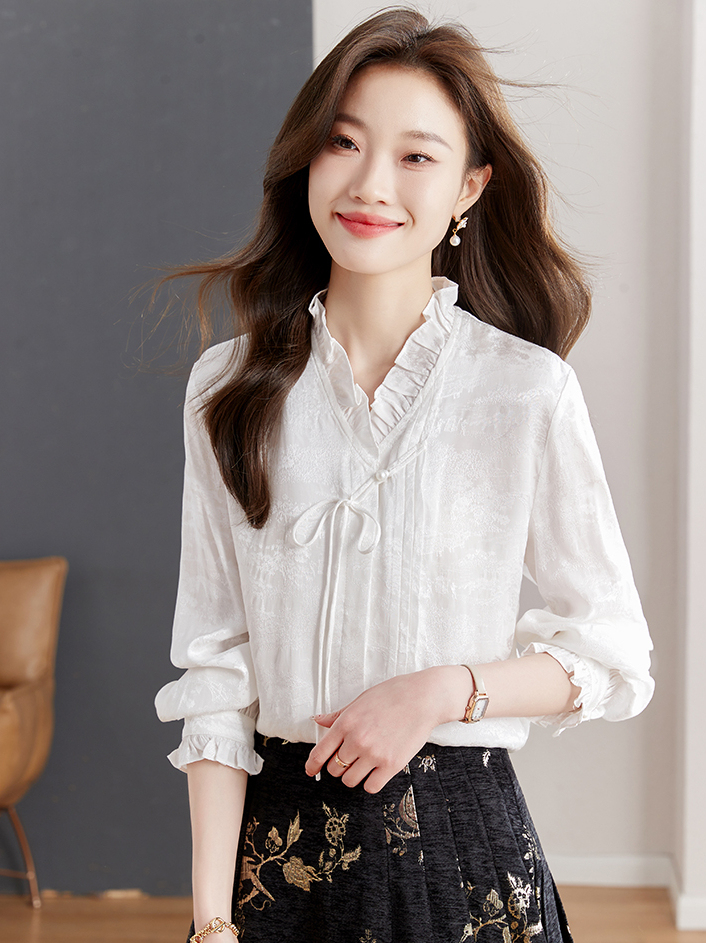 白荷新中式白衬衫 Spring White Lotus New Chinese Style White Shirt with Ma Face Skirt Matching Long Sleeve Daily Commuting National Style Versatile Top