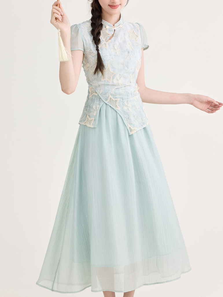 蓝色气质假两件印花连衣裙 Summer New Chinese Style Jacquard Embroidered Qipao Dress Fake Two-Piece Irregular Elegant Dress
