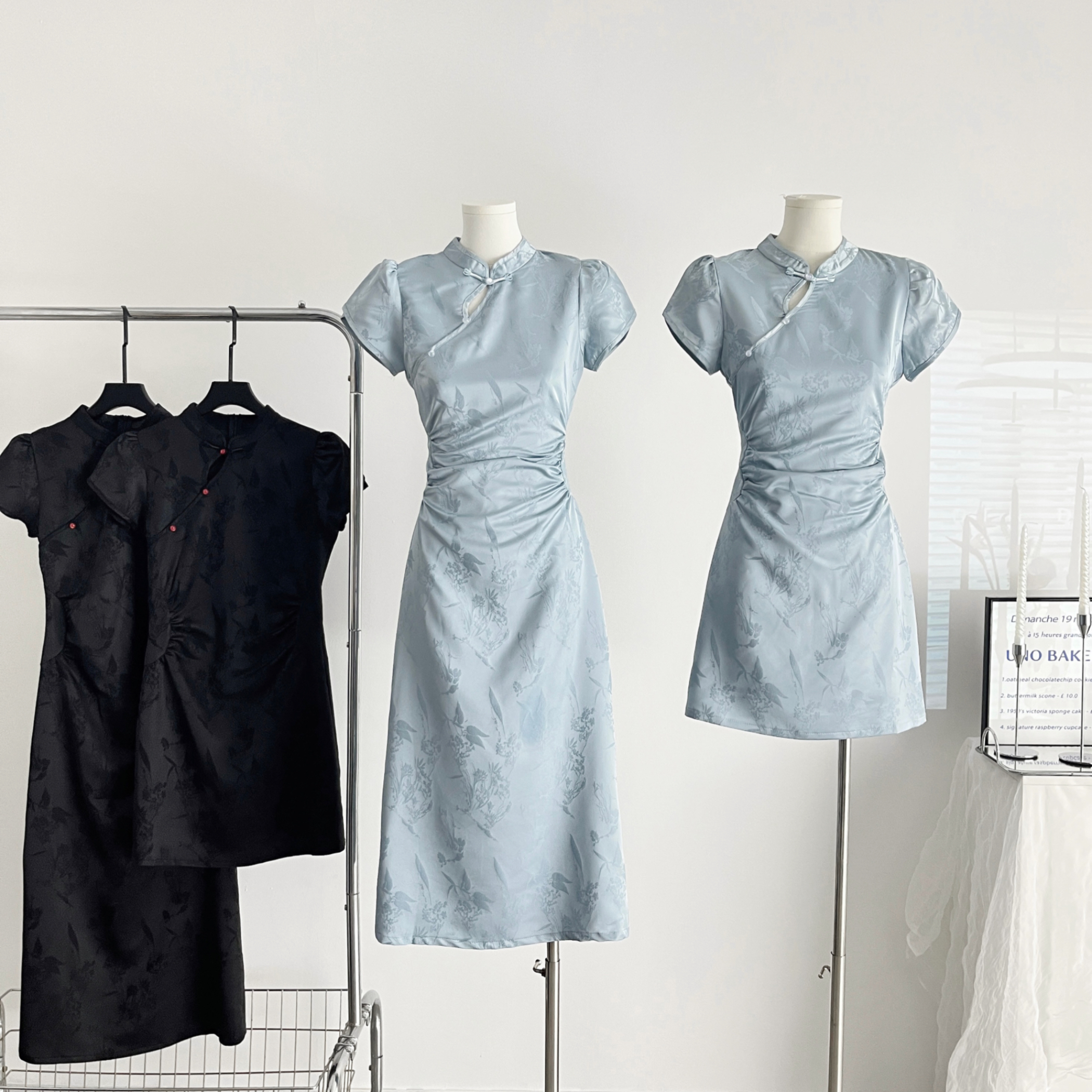 Lu Qingyi Original Freesia New Chinese Style Dress Women's Summer Snow Blue Jacquard Mid-Length Stand Collar Cheongsam Dress