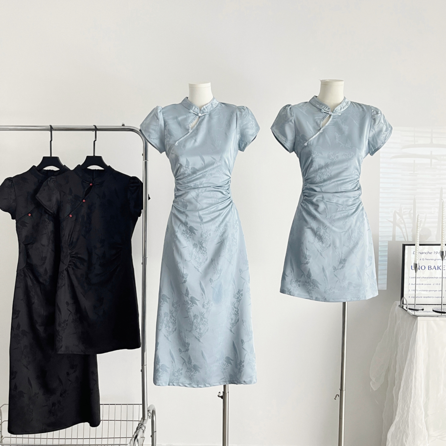 Lu Qingyi Original Freesia New Chinese Style Dress Women's Summer Snow Blue Jacquard Mid-Length Stand Collar Cheongsam Dress