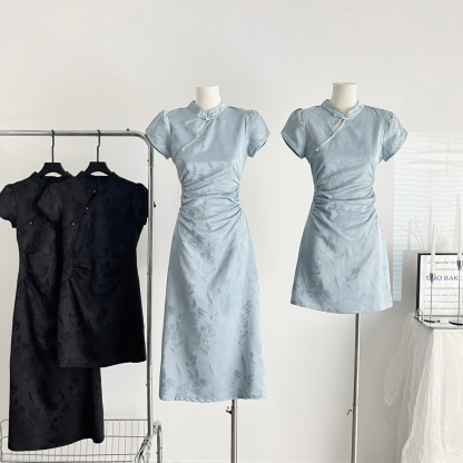 Lu Qingyi Original Freesia New Chinese Style Dress Women's Summer Snow Blue Jacquard Mid-Length Stand Collar Cheongsam Dress